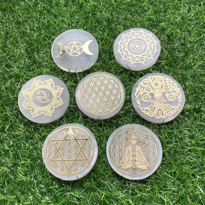 6CM Natural Crystal Selenite Slice Slab White Gypsum 7 Chakras Flower of Life Charging Plate Yoga Meditation Fengshui Healing