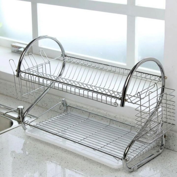 2 Layer Plate Storage Stand Rack - Silver - Kitchen Rack
