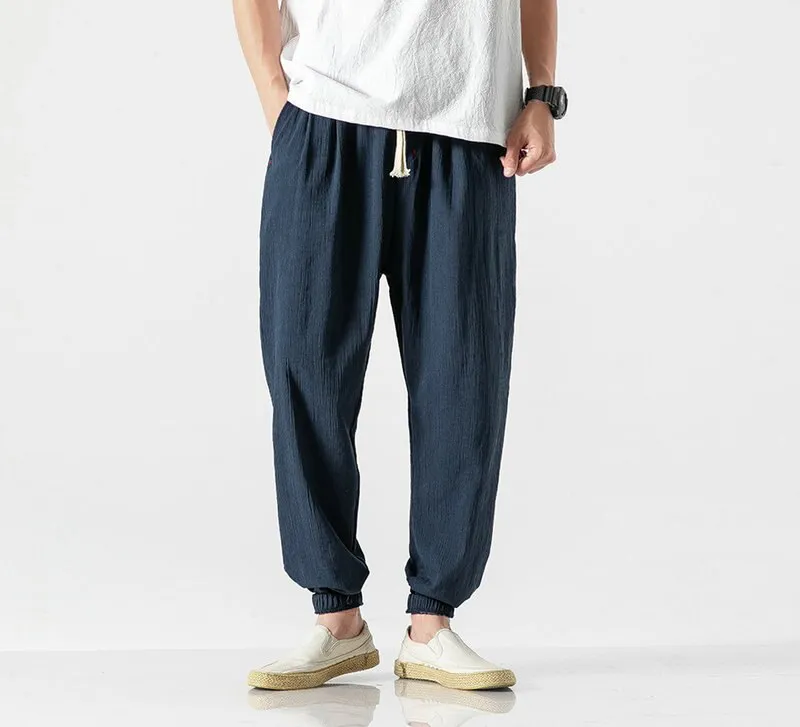 Chinese Style Harem Jogger Pants Men Cotton Linen Sweatpants