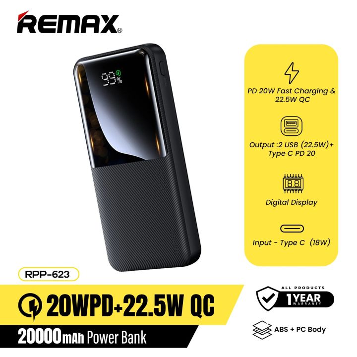Remax RPP-623 FAST CHARGING PD+QC 20W+22.5W 20000mAh Power