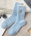 Winter Australian Velvet Socks for girls & Women Thickeneded Super Warm Blue Cartoon Bear Embroidered Bow Winter Mid-Tube Sleep Socks.