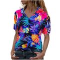 2022 Summer Flower Leafs Printed Hawaiian Shirts Women Short Sleeve Beach Shirts Casual Holiday Party Vacation Blouse Tops Tee.