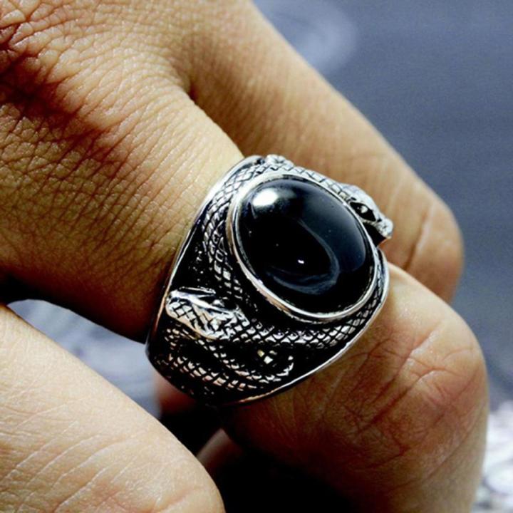 Fashion European And American Personalized Black Gemstone Onyx Stone Ring Stainless Steel Men's Vintage Double Snake Ring