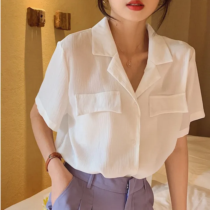 British%20Style%20Graceful%20and%20Fashionable%20Short-Sleeved%20Shirt%20Women's%20Summer%20New%20Design%20Sense%20Loose%20Suit%20Collar%20Korean%20Style%20Shirt%20Women's%20Clothing%20-%20Image%202