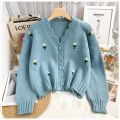 Spring and Autumn New Slimming Younger Fashion Embroidered Flower Long Sleeve Short Knitted Sweater Cardigan Coat Women's Clothing.