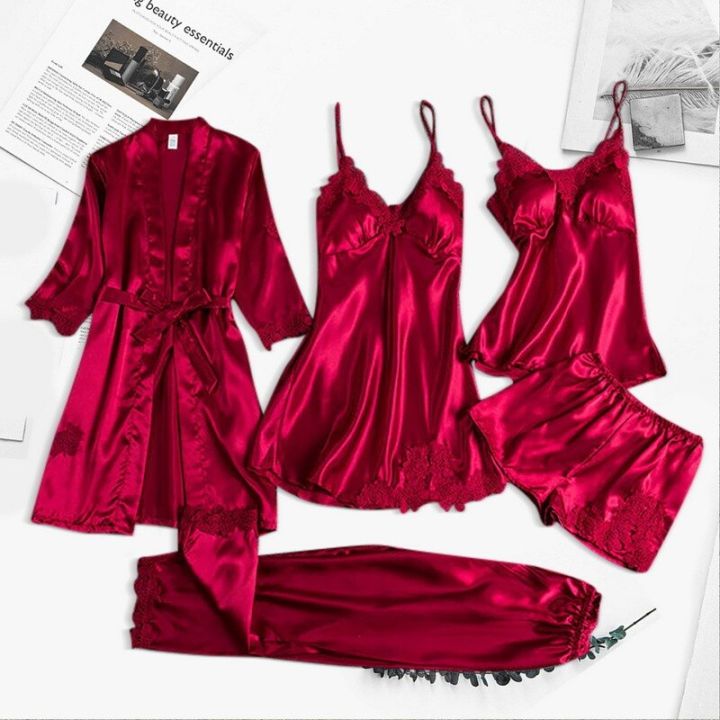 5PC%20Silk%20Robe%20Sleep%20Suit%20Womens%20Lace%20Satin%20Pajamas%20Gown%20Set%20V-Neck%20Cami%20Nighties%20Wear%20Pijama%20Home%20Nightwear%20Spring%20Nightdress%20-%20Image%203
