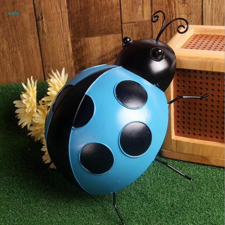 3xIron Ladybug Wall Hanging Figurines Miniatures Statue Garden Lawn 9cm Blue