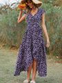 Summer Elegant Floral Long Dress Women Casual Bandage Irregular Slit Boho Beach Dress Fashion Green V Neck New In Dresses 2023.
