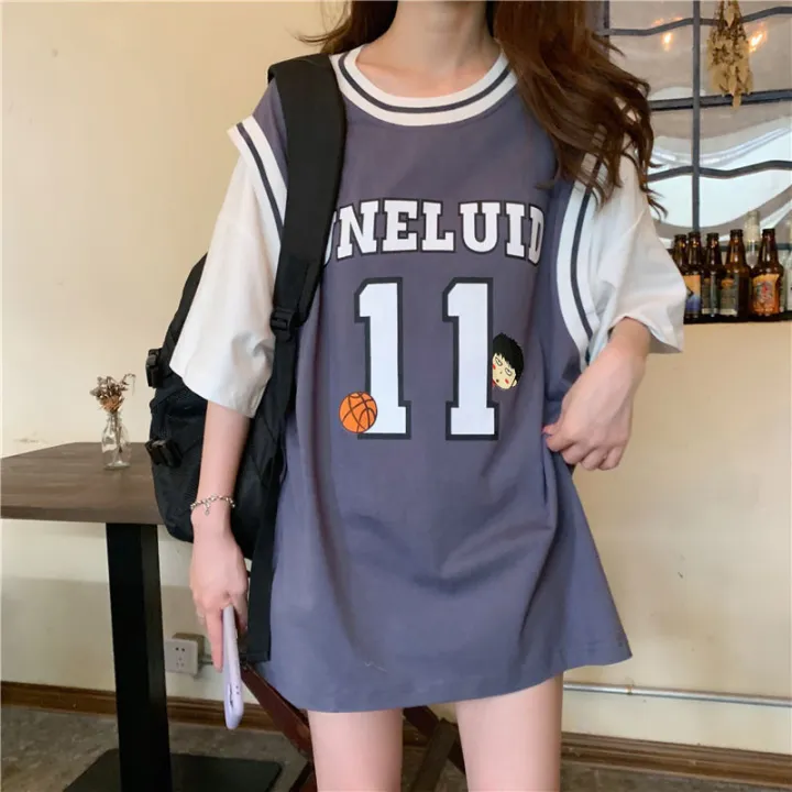 Fake%20Two%20Pieces%20Basketball%20WearTT-shirt%20Women's2022New%20Jersey%20Student%20Korean%20Style%20Loose%20Mid-Length%20Half%20Sleeveins-%20-%20Image%203