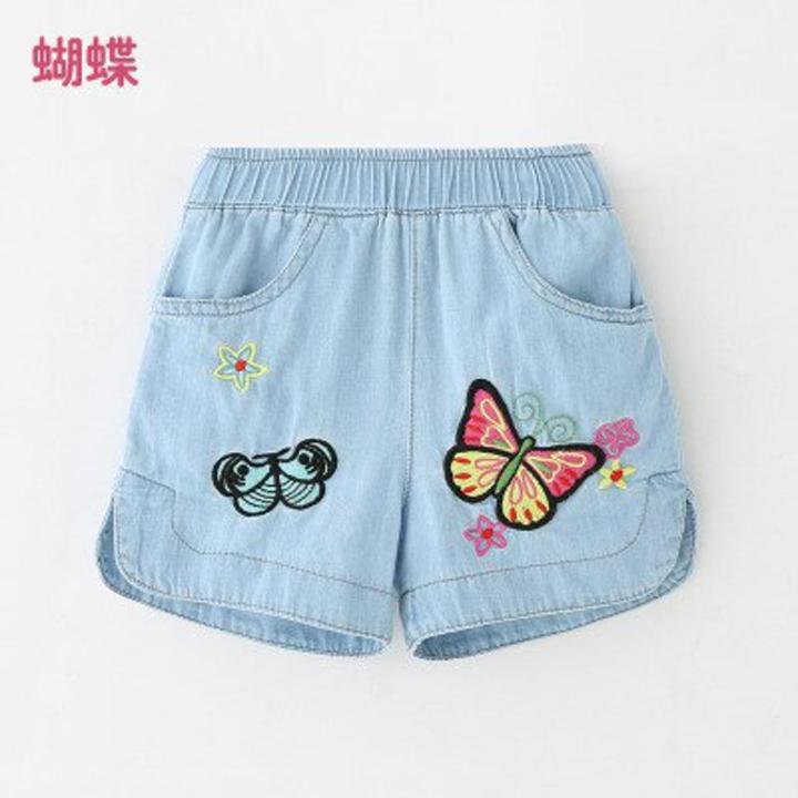2023 Hot Summer Casual 2 3 4 6 8 10 12Years Children Embroidery Flower Cotton Pocket Denim Blue Shorts For Small Baby Kids Girls