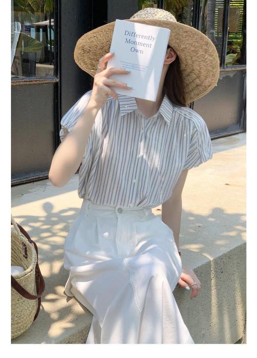 French%20Style%20Blue%20and%20White%20Vertical%20Stripes%20Shoulder%20Short%20Sleeve%20Shirt%20Women's%20Summer%20Shirt%20Cardigan%20Outer%20Wear%20Small%20Flying%20Sleeve%20Top%20Summer%20-%20Image%203