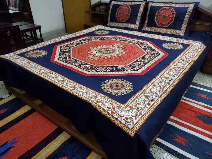 Home-Tex New High Quality Navy Blue Panel Cotton Bed Sheet Set (3 Pcs) From Golden Plus - Bed Sheet