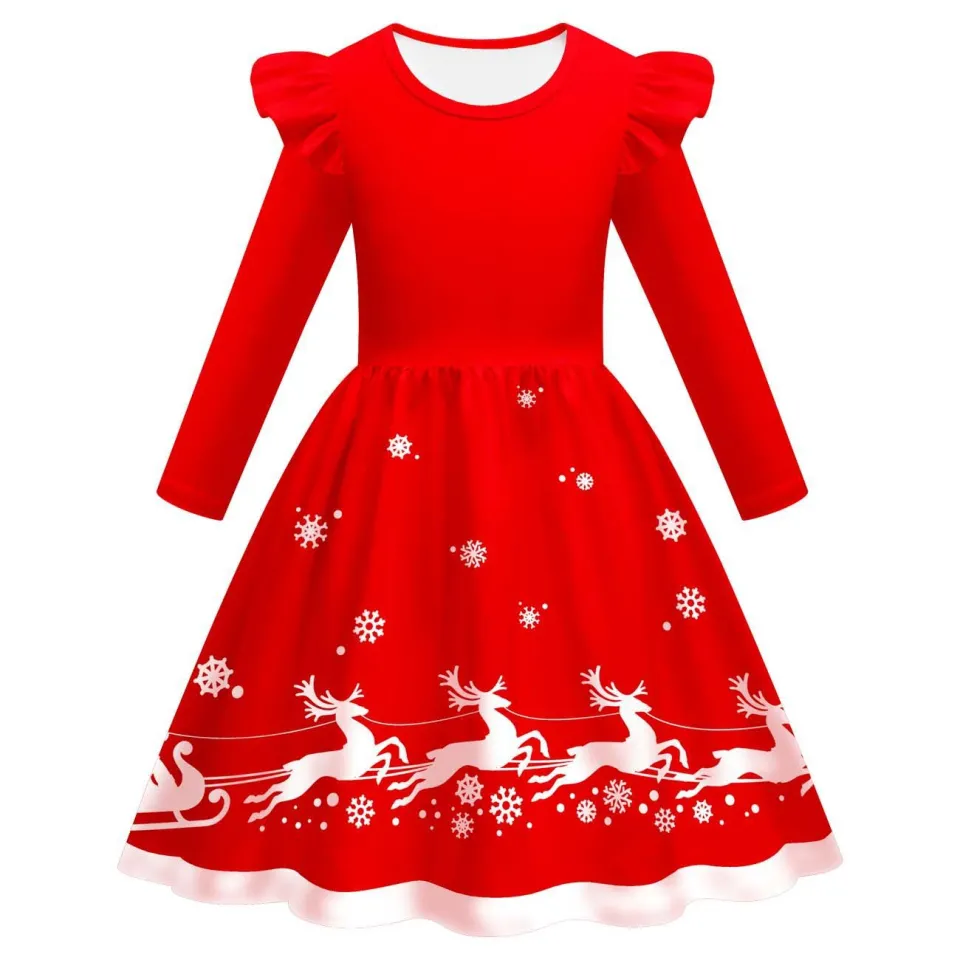 2025 Christmas Dress Kids Long Sleeve Full Printing Casual Elk
