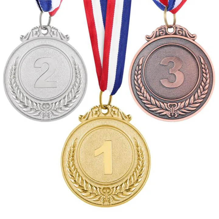 3PCS Metal Award Medals with Neck Ribbon Gold Silver Bronze Olympic Style for Sports Academics or Any Competition Diameter 5.1CM Small Wheat Pattern 123