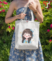 Cute Cartoon Girl Printed Black and White Canvas Tote Bag with Zipper for Girls. 