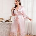 Ladies Relax Wear Plus Size Nightgown Simple Casual Cardigan Nightgown Long-Sleeved Home Service Long Bathrobe Ice Silk Pajamas.