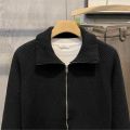 Man Clothes Black Collared Jacket Cardigan Knitted Sweaters for Men Zipper Coat Zip-up Large Big Size Old Korean Style Overfit S.