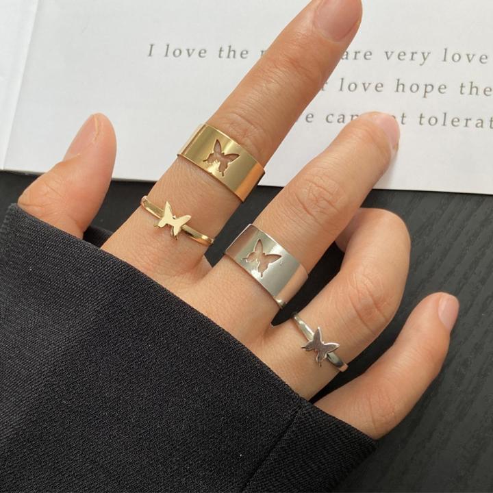 Butterfly King and Queen Couple Ring Set In Titanium Colour