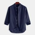 Pullover Style Men's Tops Soft Texture 3/4 Sleeve Printed Design Striped Shirt Breathable Fabric Loose Fit Sleeve Shirt for Wear Streetwear Males Casual Outing Fashion Statement.