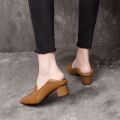 Soft Leather Mid Heel Pointed Toe Shoes Women's Spring and Autumn New European Station Women's Chunky Heels All-Match Brown Small Leather Shoes. 