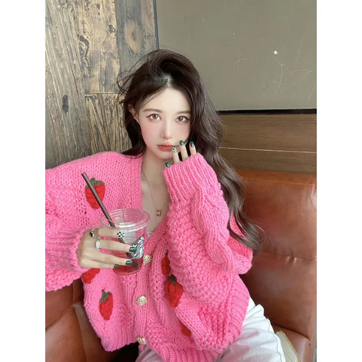 Korean%20gentle%20pink%20sweater%20cardigan%20women's%20spring%20and%20autumn%20sweet%20strawberry%20knitted%20thick%20jacket%20V-neck%20cropped%20top%20-%20Image%202