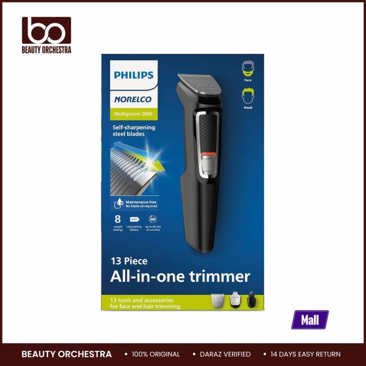 Norelco Philips Multi Groomer All-in-One Trimmer Series 3000-13 Piece Mens Grooming Kit for Beard, Face, Nose, Ear Hair Trimmer and Hair Clipper - NO Blade Oil Needed (USA)