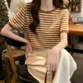 Korean Style Black Striped round Neck Contrast Color Short Sleeve T T-shirt Women's Spring and Autumn New Hong Kong Style Retro Easy Matching Bottoming Shirt Inner Wear.