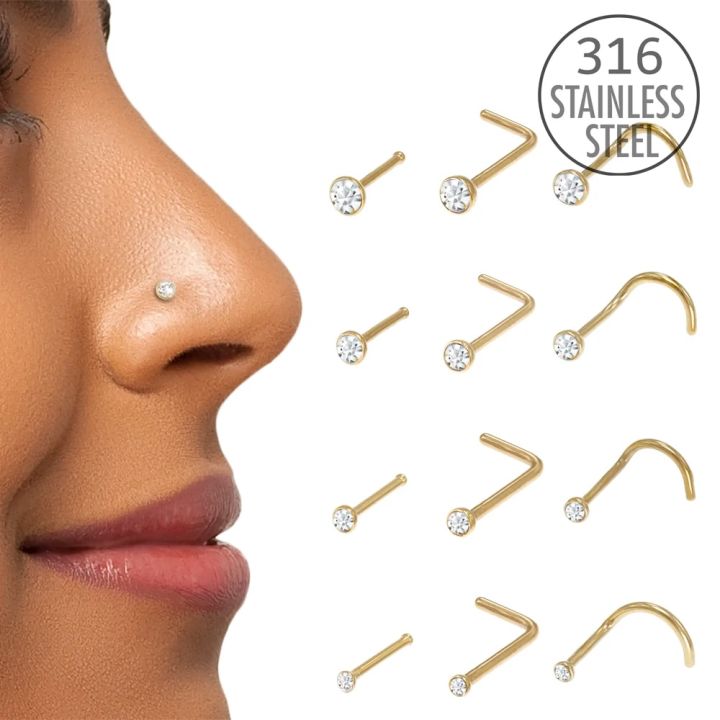 10Pcs Nose Rings Set for Women with Crystal Rhinestone Nostril Stud Piercings Jewelry Surgical Stainless Steel 0.8/1.0mm 18/20g
