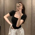 【New and Improved】 Fashion Square Collar Women T-shirt Black White Short Sleeves Women Top Solid Color Slim Fit Tee.