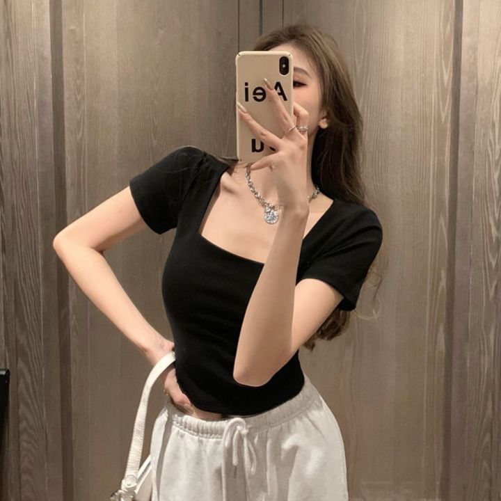 %E3%80%90New%20and%20Improved%E3%80%91%20Fashion%20Square%20Collar%20Women%20T-shirt%20Black%20White%20Short%20Sleeves%20Women%20Top%20Solid%20Color%20Slim%20Fit%20Tee%20-%20Image%205