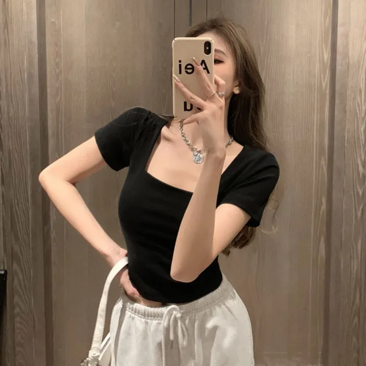 %E3%80%90New%20and%20Improved%E3%80%91%20Fashion%20Square%20Collar%20Women%20T-shirt%20Black%20White%20Short%20Sleeves%20Women%20Top%20Solid%20Color%20Slim%20Fit%20Tee%20-%20Image%205
