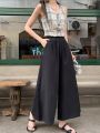 2025 Autumn Women's High Waist Wide Leg Pants Elegant Trousers Korean Cotton Linen Skirts White : 2025.. 