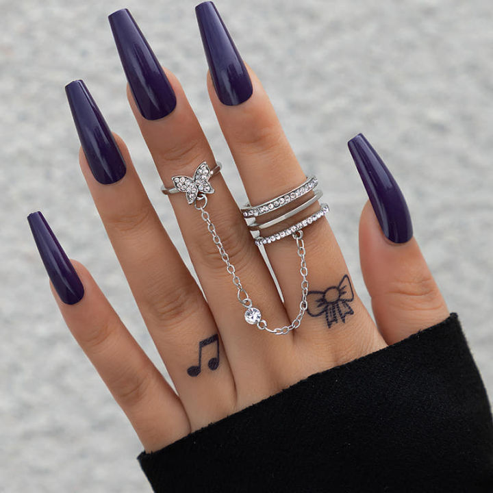Butterfly Rings for Women Bling Crystal Rhinestones Finger Ring for Girls with Chain Tassel Finger Tip Rings
