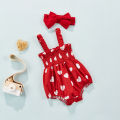 Baby Girls Romper Outfit, Summer Toddlers Sweet Style Heart Printing Sleeveless Suspender Jumpsuit + Bow Headwear Set. 