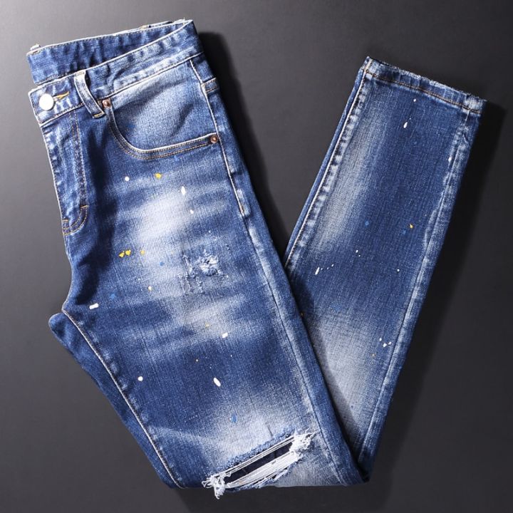 Streetwear Fashion Men Jeans Retro Blue Elastic Slim Fit Ripped Jeans Men Painted Designer Hip Hop Denim Pencil Pants Hombre