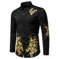 Golden Leaf Print Luxury Shirt Men Autumn Winter Single Breasted Long Sleeve Slim Fit Button Retro Social Dress Shirt Streetwear.