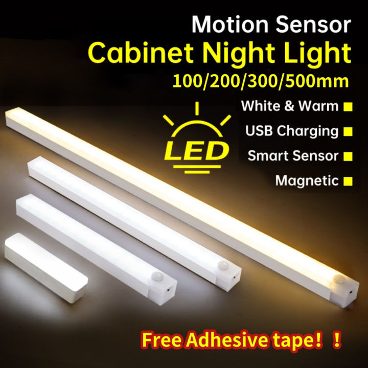 LED Motion Sensor Light 10/20/30/50cm USB Rechargeable Night Light White Yellow Light for Closet, Cabinet, Kitchen, Wardrobe, Cupboard, Bed