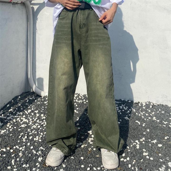 HOUZHOU Green Jeans Baggy Distressed Vintage Denim Trousers Male Wide Leg Pants Men Streetwear Retro Oversize Casual Hip Hop