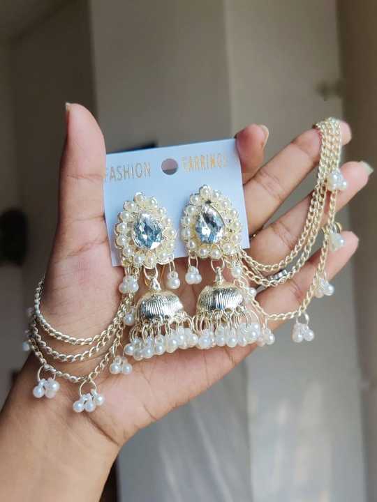 Good quality kundon pearl bahubali earring with tana set for women