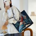 WPOT Retro Elegant Oil Painting Shopping Bag Travel Bag Flower Painted Tote Bag Women Art Handbag Canvas Bag Shoulder Bag. 