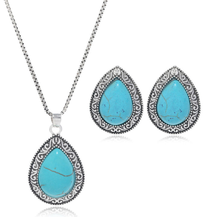 Wholesale Ethnic Style Vintage Silver Indian Bohemian Statement Turquoise Bridal Necklace With Earrings Jewelry Set For Women