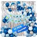 Blue Theme Complete Birthday Decor Combo Set with Silver Foil Curtain, Paper Banner, Metallic Balloons, Golden Confetti, and Balloon Garland – Full 47 Piece Combo. 
