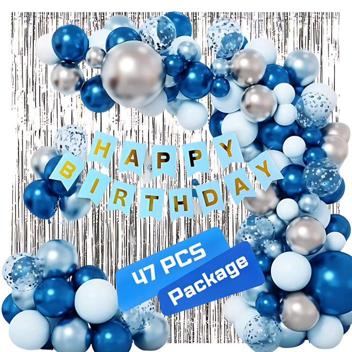 Blue Theme Complete Birthday Decor Combo Set with Silver Foil Curtain, Paper Banner, Metallic Balloons, Golden Confetti, and Balloon Garland – Full 47 Piece Combo