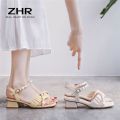 ZHR Women's Chunky Heel Sandals 2024 New Summer Square Head Strap Fairy Style Pearl Strap Women's Mid-Heel Shoes. 