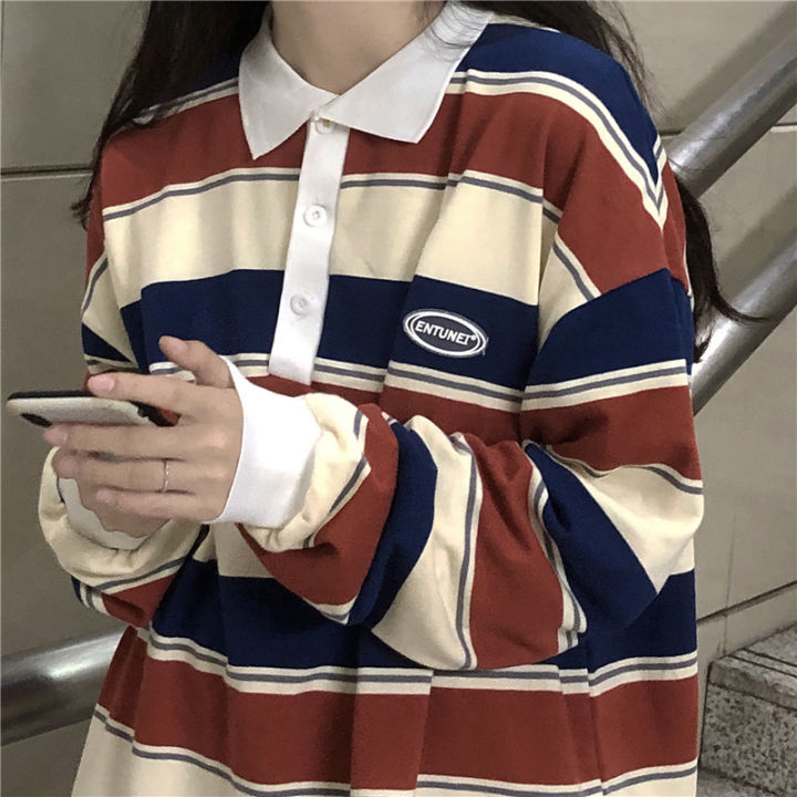 Retro Striped Hit Color Sweatshirt Polo Collar Pullover Female