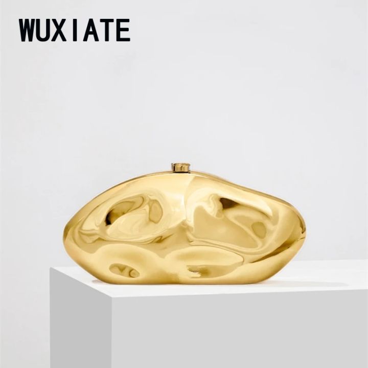 WUXIATE crylic shell shape clutch bag women evening party cute metal shiny purse gold silver blue egg handbag High Quality