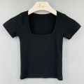 Women's New Short Midriff Outfit Slim-Fit Sexy Figure Flattering T T-shirt Low-Cut Square Collar Show Chest Large Upper Garment. 