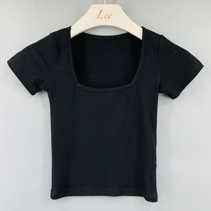 Women's%20New%20Short%20Midriff%20Outfit%20Slim-Fit%20Sexy%20Figure%20Flattering%20T%20T-shirt%20Low-Cut%20Square%20Collar%20Show%20Chest%20Large%20Upper%20Garment%20-%20Image%206