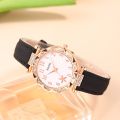 LooKeo Mall Ladies Dress Watch Set with 6PCS Fashion Jewelry - Black Leather Quartz Women's Watch with Necklace, Earrings, and Bracelet.