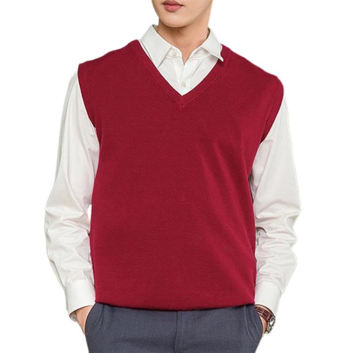 Men Knitted Vest Wear-resistant Men Solid Color V-neck Pullover Waistcoat